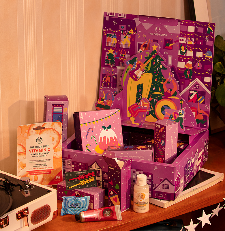 The Body Shops lilla Original Julekalender med masse farger og pop-up figurer. Foto