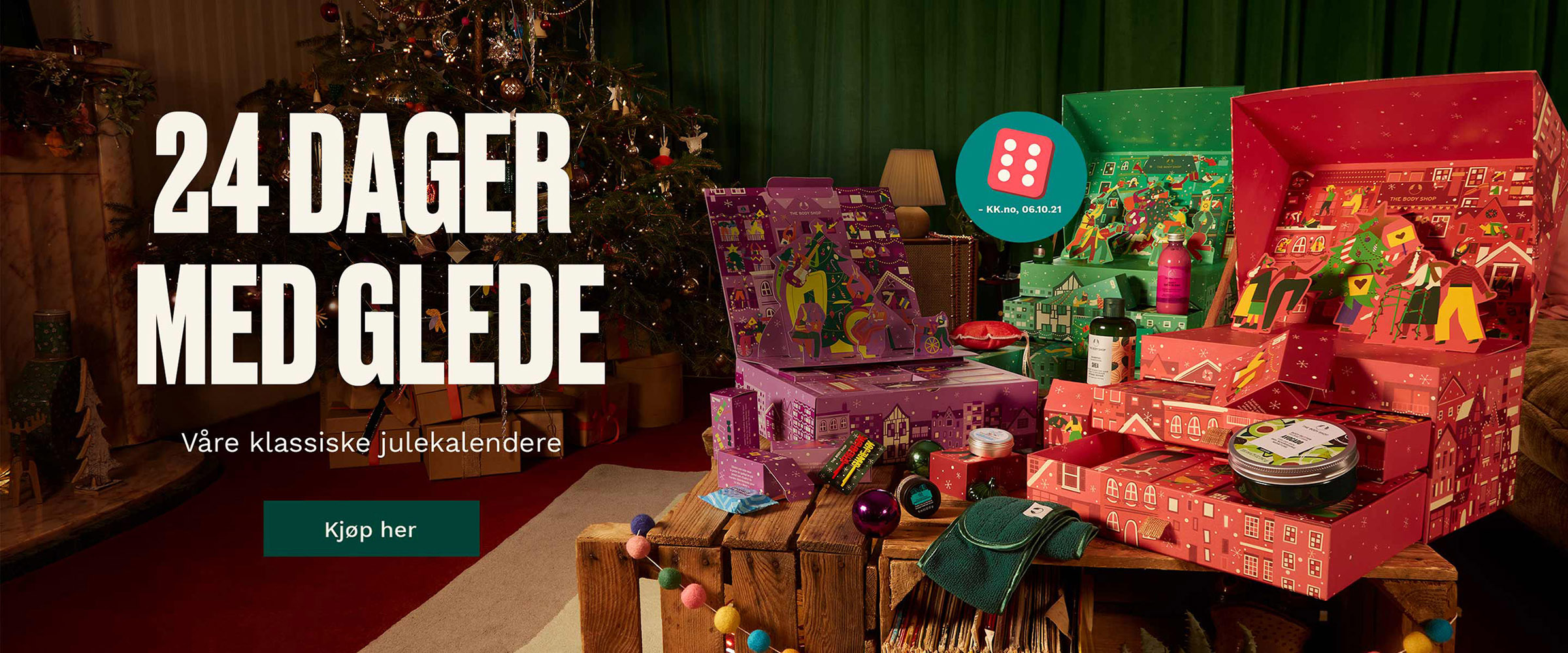 Årets julekalendere fra The Body Shop 2021 Julekalendere fra The Body Shop stående på et bord. Mange lekre hudpleieprodukter stående ut av lukene. Foto