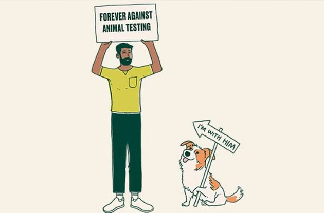 Mann holder opp "Forever Against Animal Testing" skilt